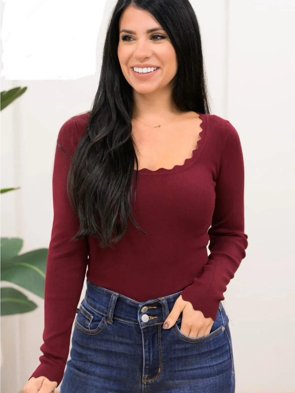 Workshop Republic Clothing Ribbed Scallop Square Neck Long Sleeve Top - Wine
